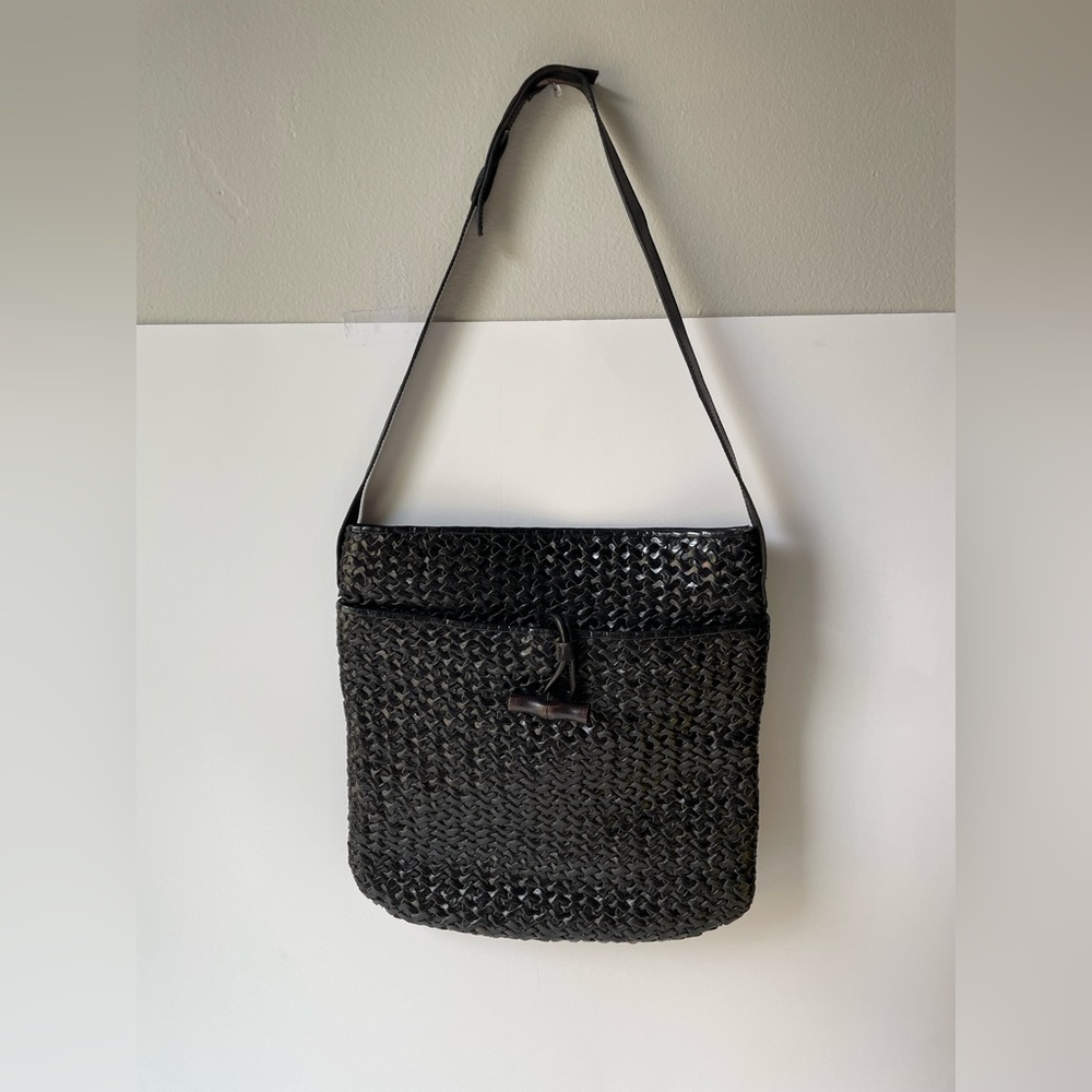 CEM black leather woven shoulder bag
